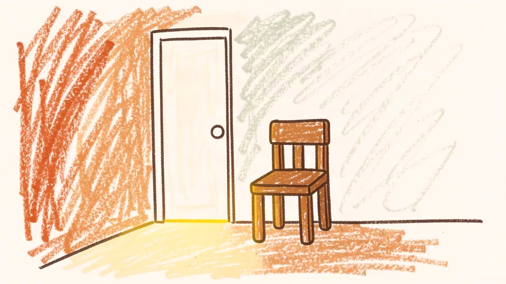 A child's crayon drawing of a hallway with a wooden chair beside a closed door, light under the door
