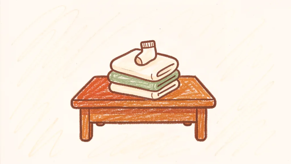 A child's crayon drawing of a small folded pile of baby bodysuits on a wooden changing table