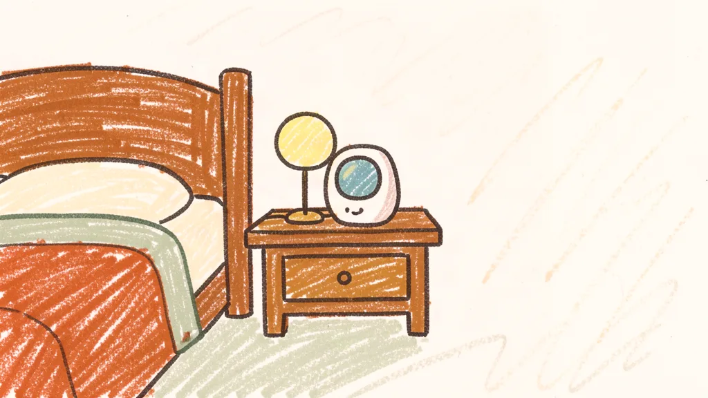 A child's crayon drawing of a small baby monitor on a wooden bedside table beside a lamp