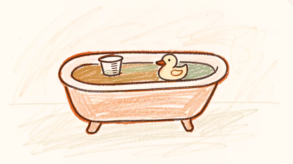 A child's crayon drawing of a bathtub with two measuring cups floating in the water