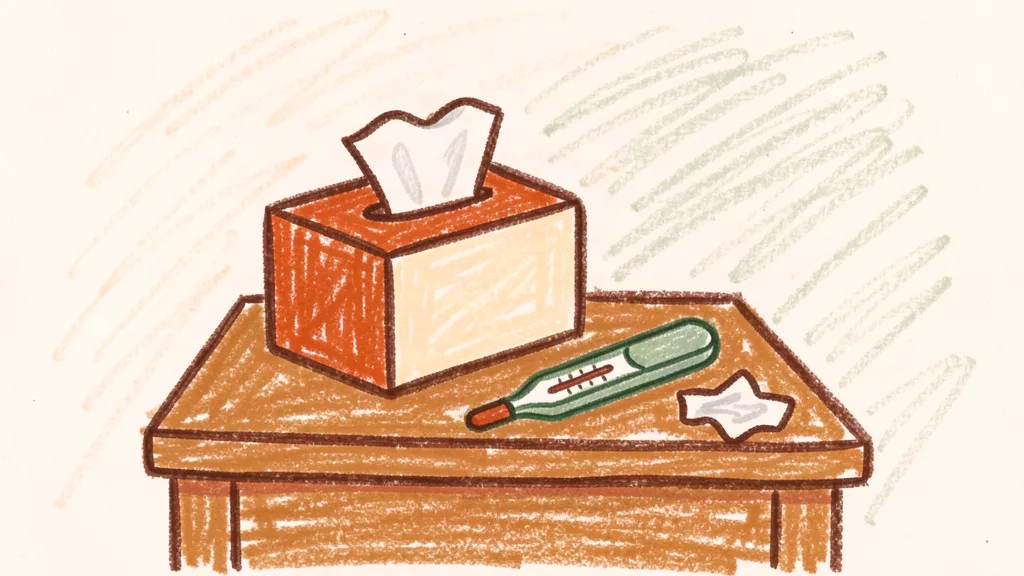 A child's crayon drawing of a tissue box and a thermometer on a small bedside table