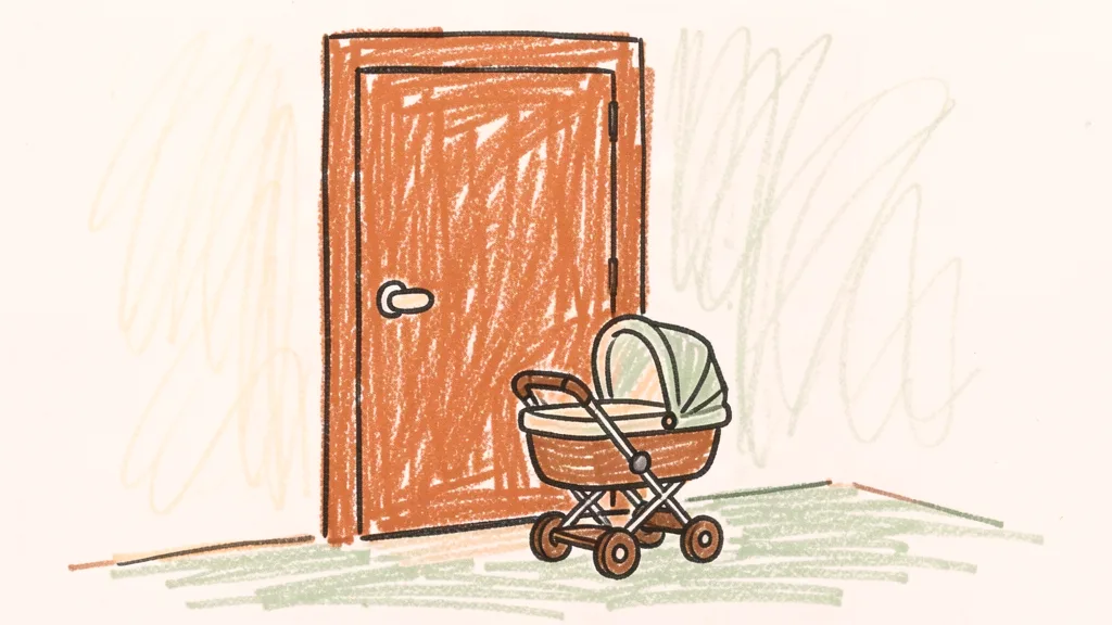 A child's crayon drawing of a stroller and a baby carrier waiting by an apartment door