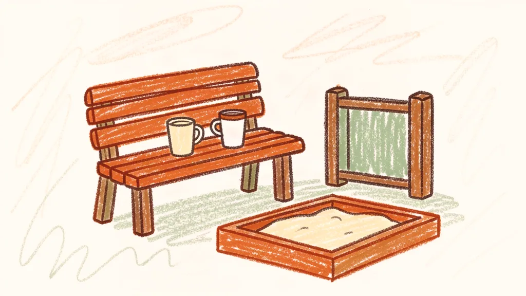 A child's crayon drawing of a playground bench with two coffee cups beside a gate