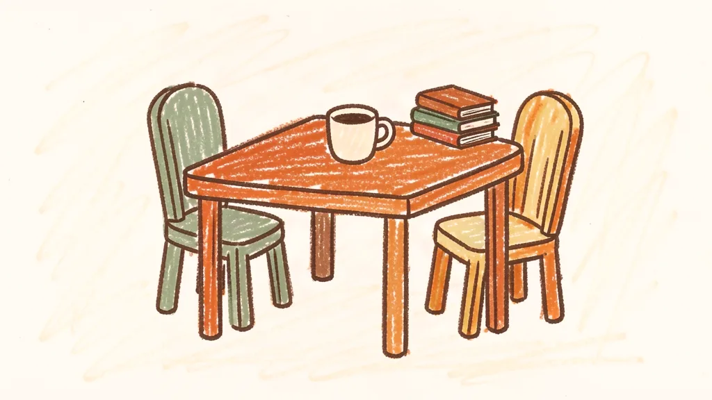 A child's crayon drawing of a kitchen table with two chairs, a coffee cup, and a small stack of books beside it
