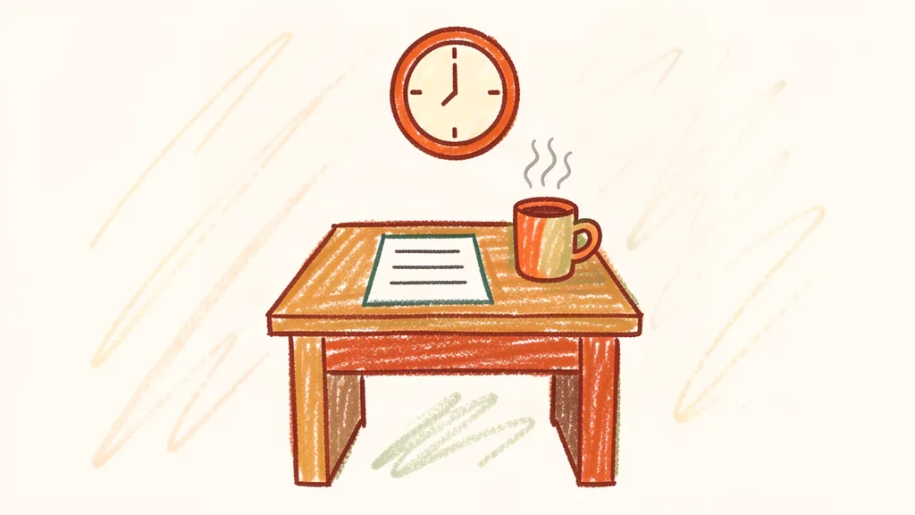 A child's crayon drawing of a small desk with a paper list, a mug, and a clock on the wall