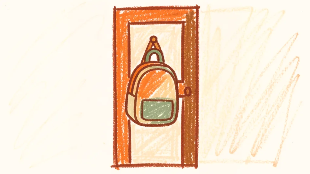 A child's crayon drawing of a backpack hanging on a hook by a front door