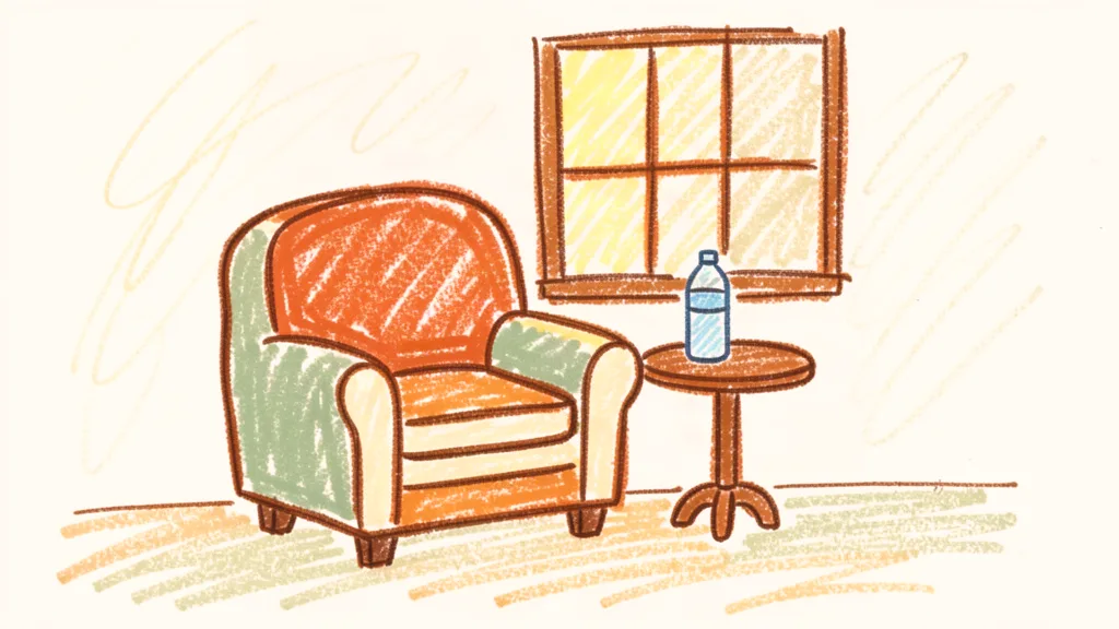A child's crayon drawing of a cozy armchair beside a window with a water bottle on a small side table