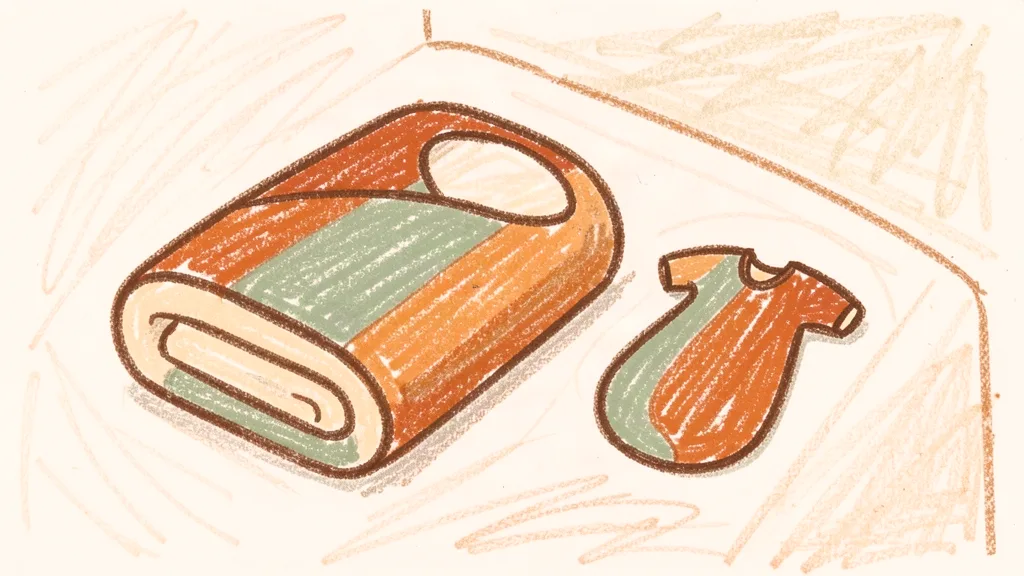 A child's crayon drawing of a folded swaddle blanket lying on a bed