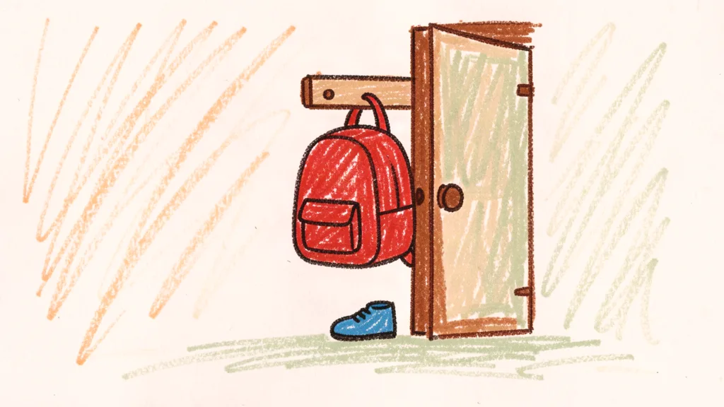A child's crayon drawing of a small red backpack on a hook beside an open door, with one tiny shoe on the floor