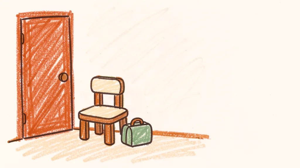A child's crayon drawing of a small wooden chair with a tiny lunchbox beside it, in front of a closed door