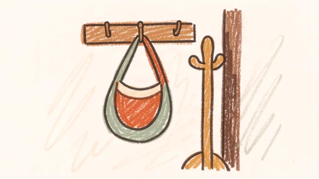 A child's crayon drawing of a baby carrier hanging on a hook by the front door