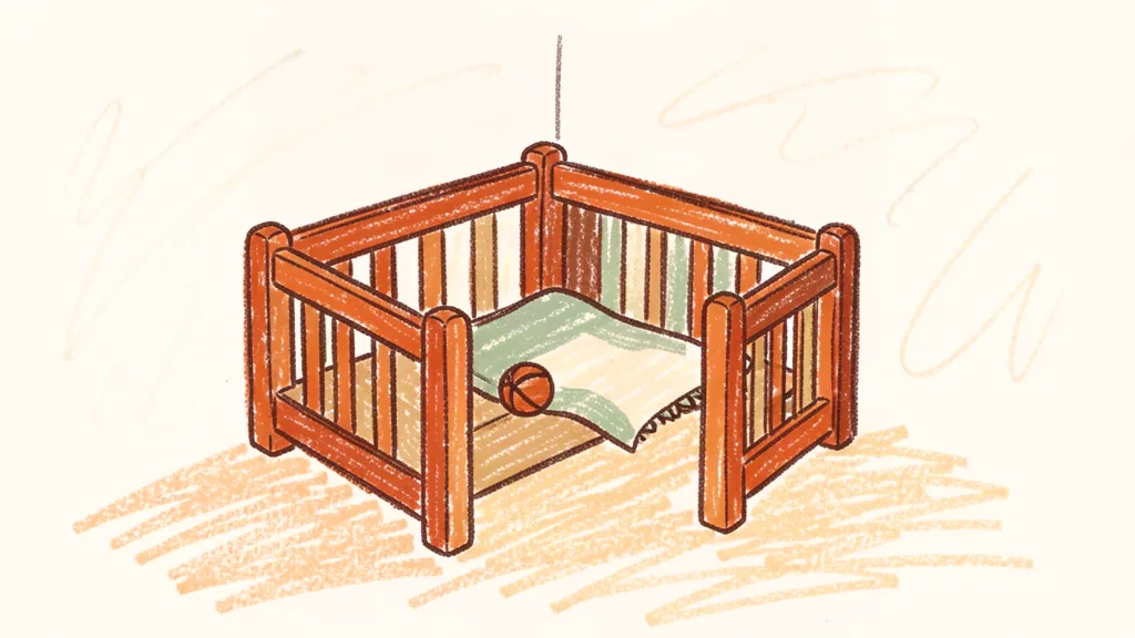 A child's crayon drawing of a wooden playpen in the corner of a living room, with a blanket and a ball inside