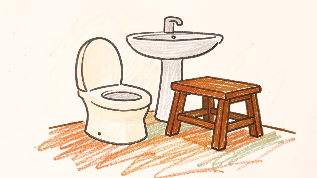 A child's crayon drawing of a small white potty next to a low wooden step stool on a bathroom floor