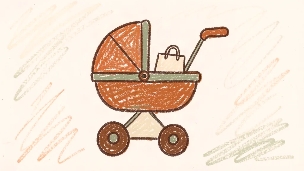 A child's crayon drawing of a stroller with a deep basket under the seat