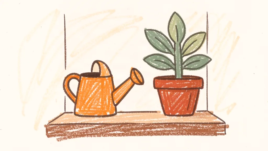 A child's crayon drawing of a small watering can and a potted plant on a sunny windowsill