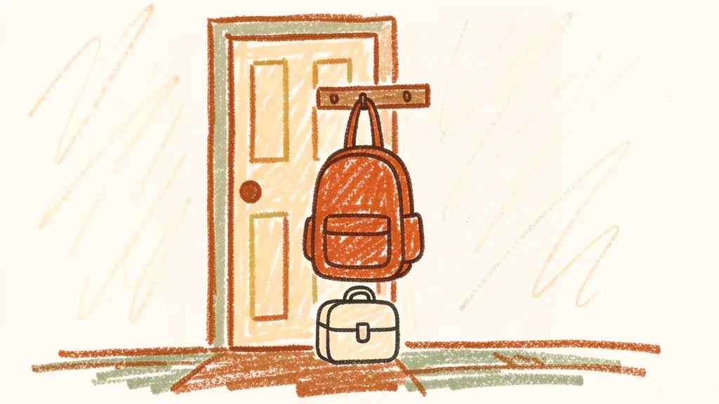 A child's crayon drawing of a small rust-orange backpack hanging by a front door, with a tiny cream lunchbox on the floor beneath it