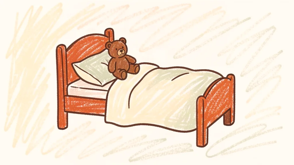 A child's crayon drawing of a small bed with a rumpled blanket and one stuffed bear