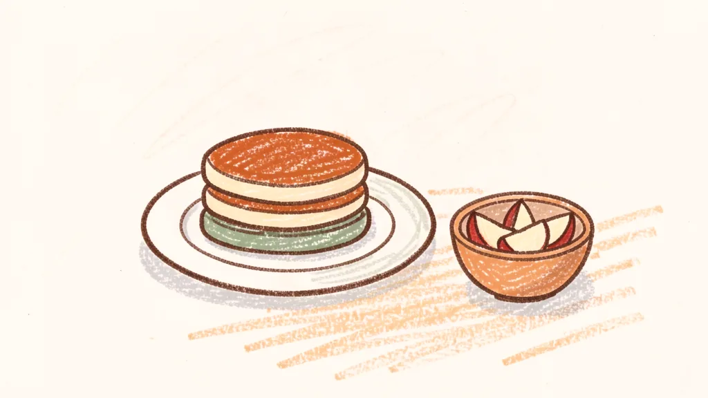 A child's crayon drawing of a small stack of pancakes on a plate with a bowl of apple slices beside it
