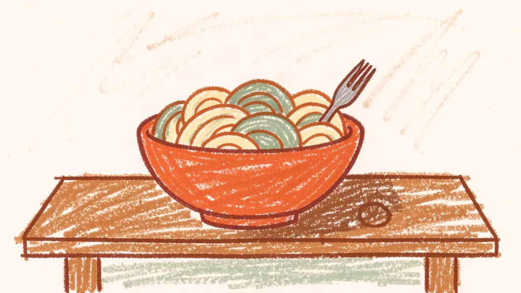 A child's crayon drawing of a big bowl of pasta with a fork leaning against the bowl