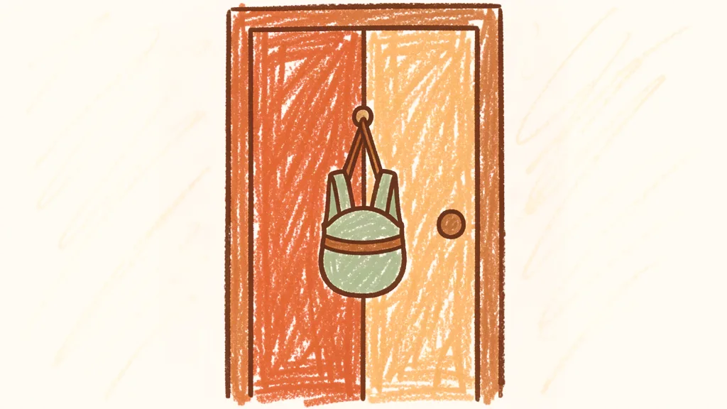 A child's crayon drawing of a baby carrier hanging on a hook by a front door