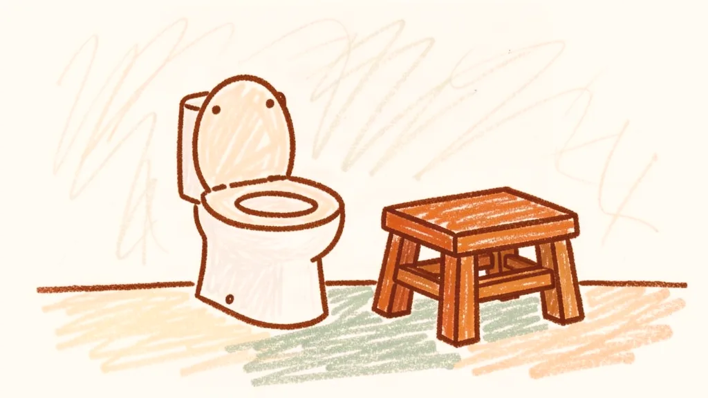 A child's crayon drawing of a small white potty and a low step stool on a bathroom floor