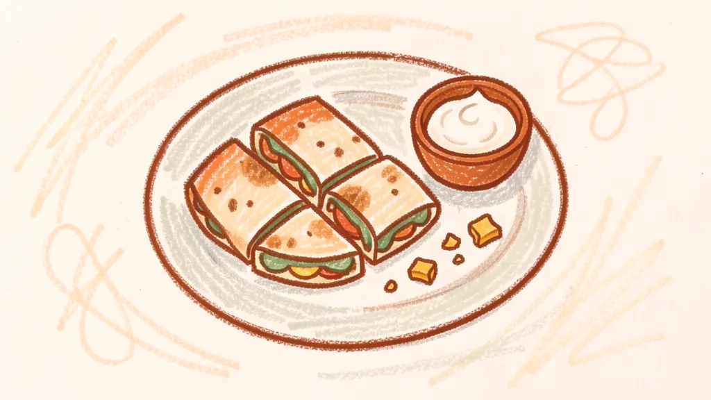 A child's crayon drawing of a plate with quesadilla pieces, small cheese cubes, and a small bowl of yogurt dip beside it