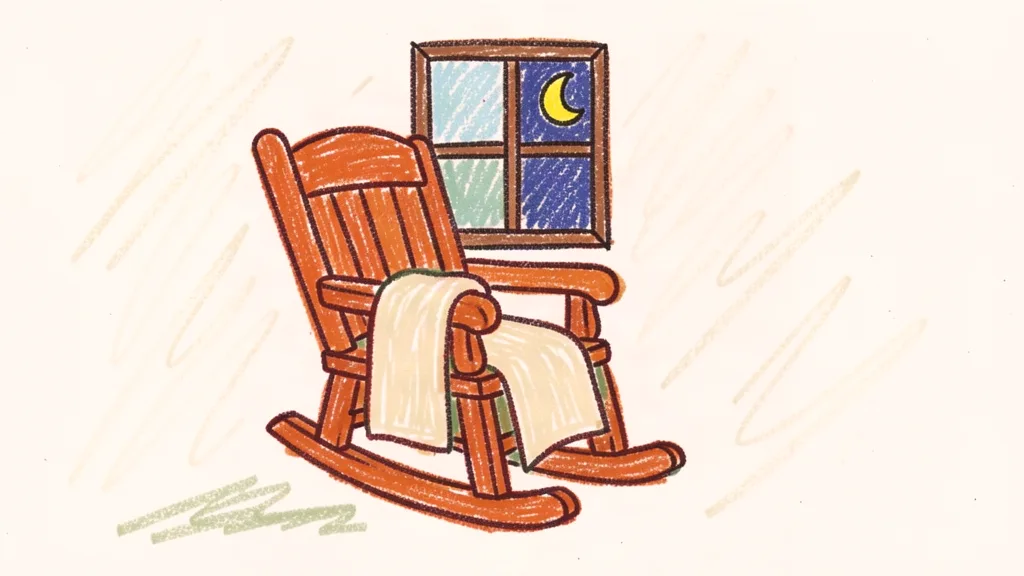 A child's crayon drawing of a rocking chair with a folded blanket, drawn with thick waxy crayons