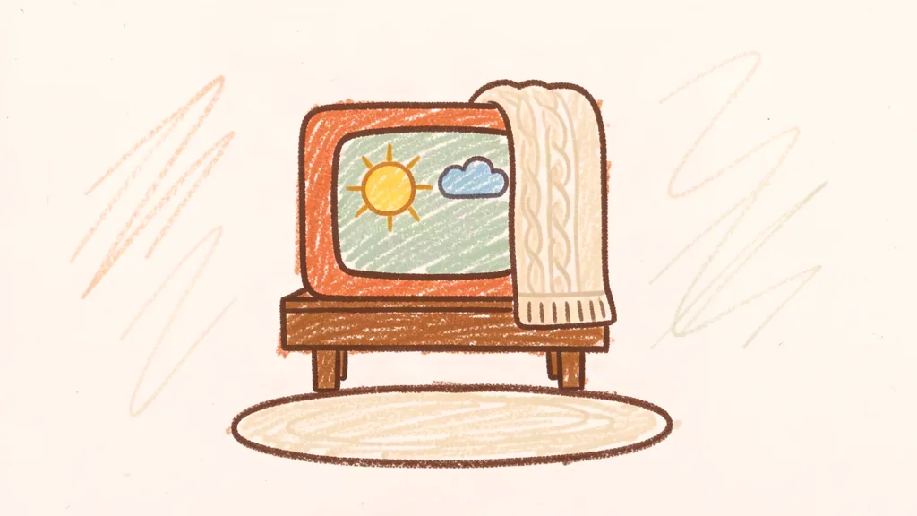 A child's crayon drawing of a television on a low wooden stand, with a blanket over one corner