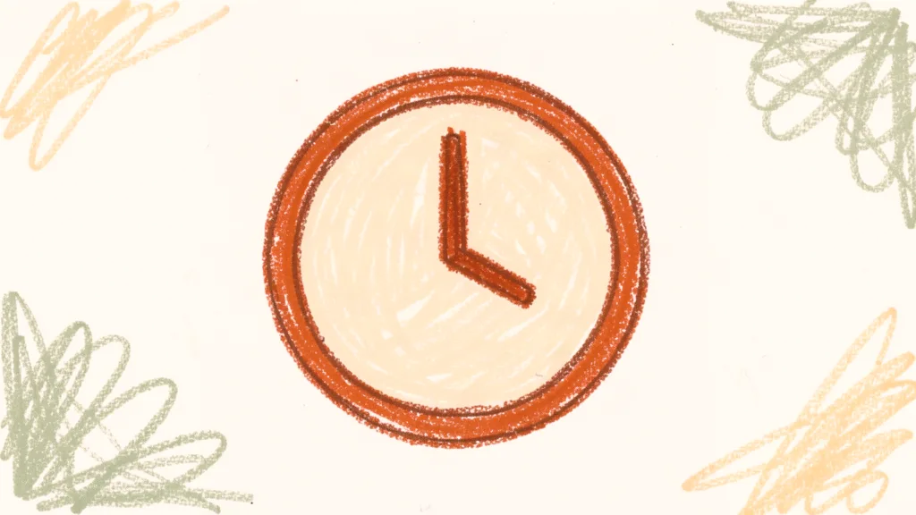 A child's crayon drawing of a round wall clock with a plain face and two thick hands, no numbers