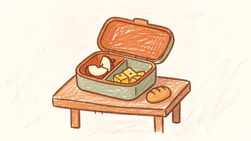 A child's crayon drawing of an open lunchbox with three compartments on a table