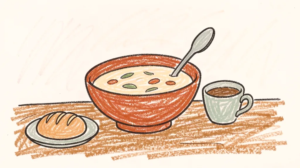 A child's crayon drawing of a big bowl of soup with a spoon, a small cup of broth, and a bread roll on a plate