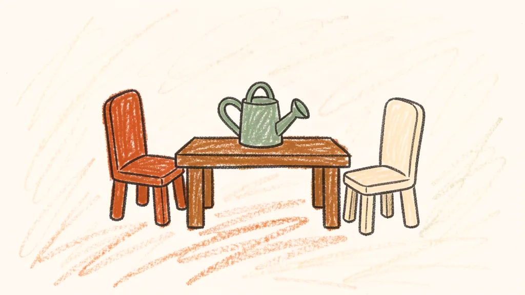 A child's crayon drawing of a low wooden table with two small mismatched chairs facing each other, one rust orange and one cream, with a tiny sage-green watering can on the table