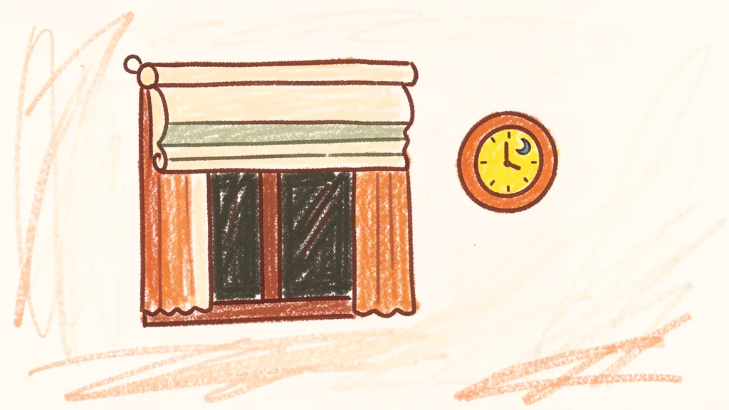 A child's crayon drawing of a dark bedroom window with a blackout blind and a small round wake-up clock with a yellow sun face on the wall