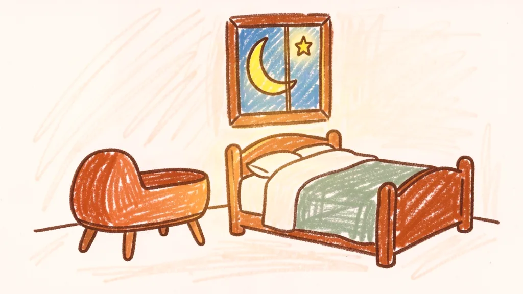 A child's crayon drawing of a bassinet beside a double bed with a crescent moon at the window