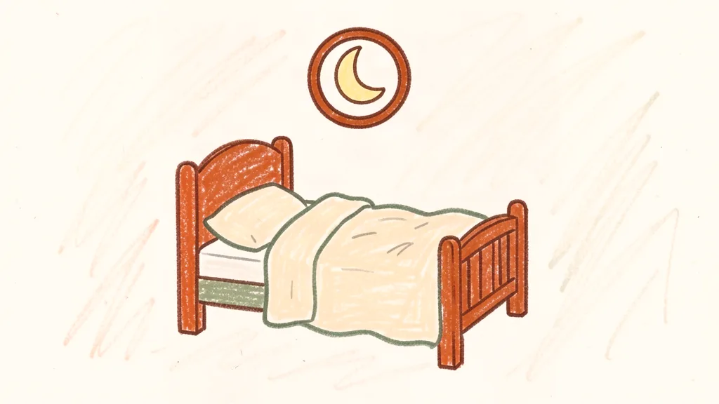 A child's crayon drawing of a small bed with a low rail at the foot, drawn with thick waxy crayons