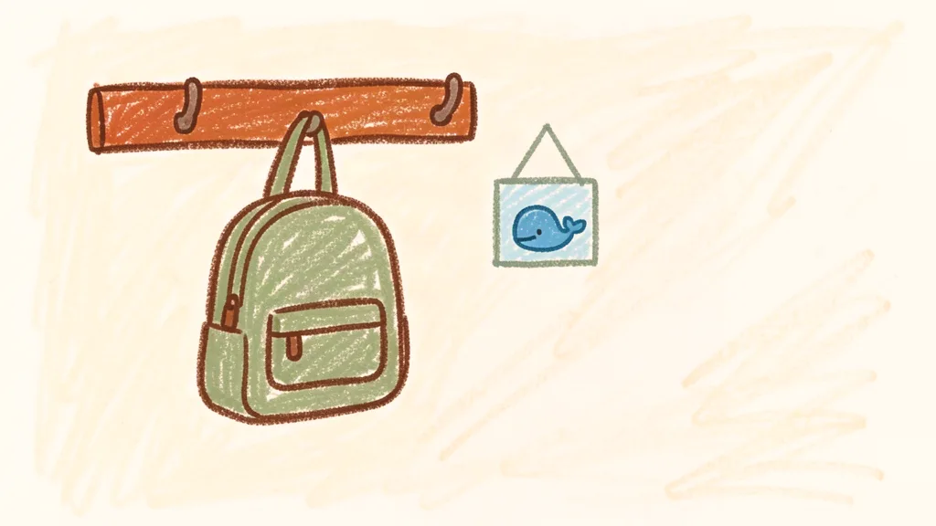 A child's crayon drawing of a small green backpack hanging on a hook, drawn with thick waxy crayons