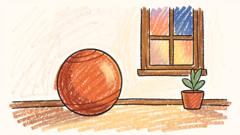 A child's crayon drawing of a bassinet beside a bed, warm evening lamp light