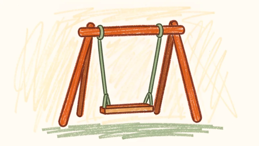 A child's crayon drawing of a swing on a playground, drawn with thick waxy crayons