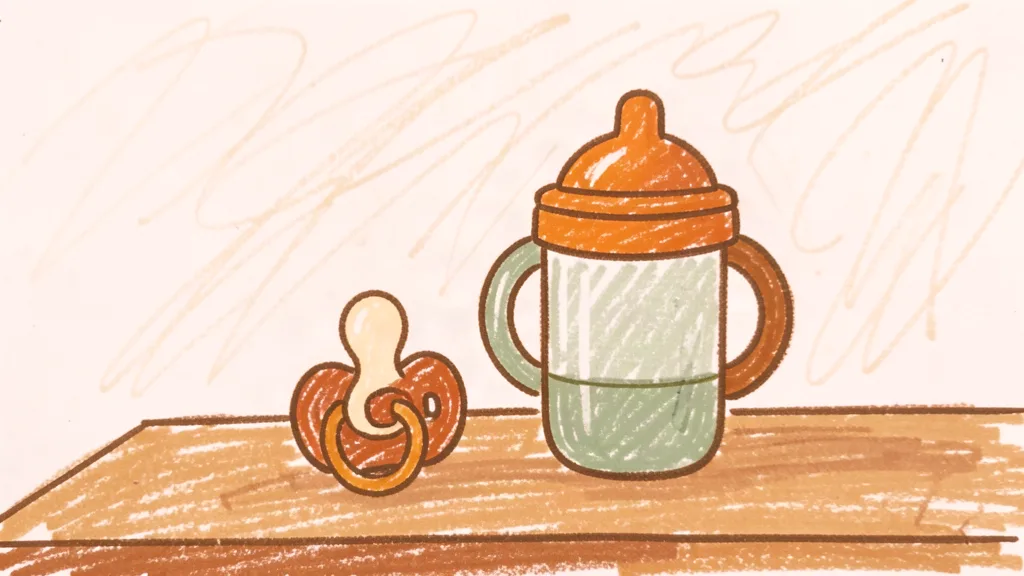 A child's crayon drawing of a pacifier and a sippy cup side by side on a wooden table