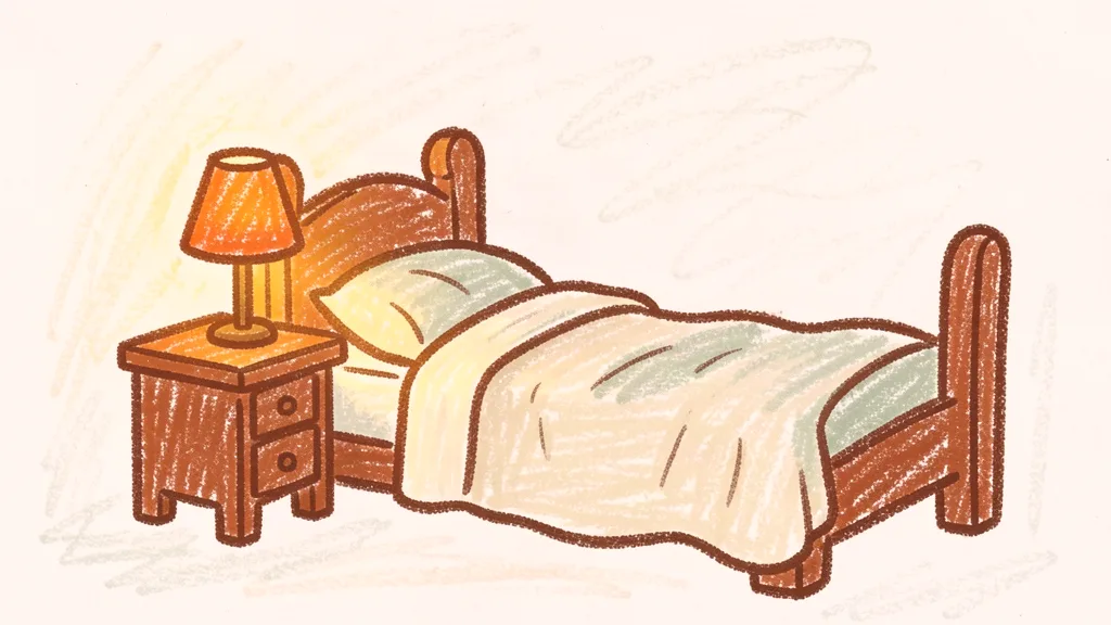 A child's crayon drawing of a glowing bedside lamp on a small table next to a bed