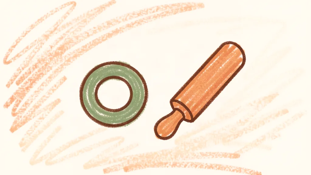 A child's crayon drawing of a teething ring and a wooden toy rolling pin on the floor