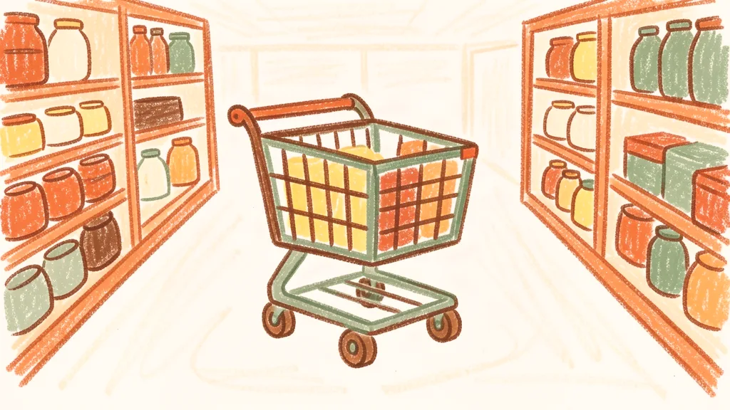 A child's crayon drawing of a shopping trolley standing alone in a bright supermarket aisle