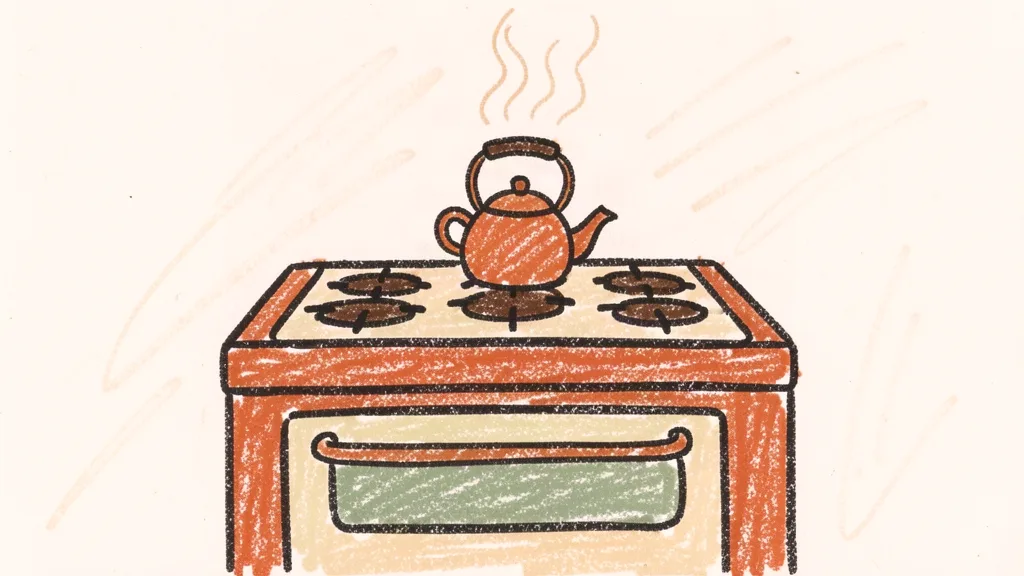 A child's crayon drawing of a whistling kettle on a stove with swirls of steam