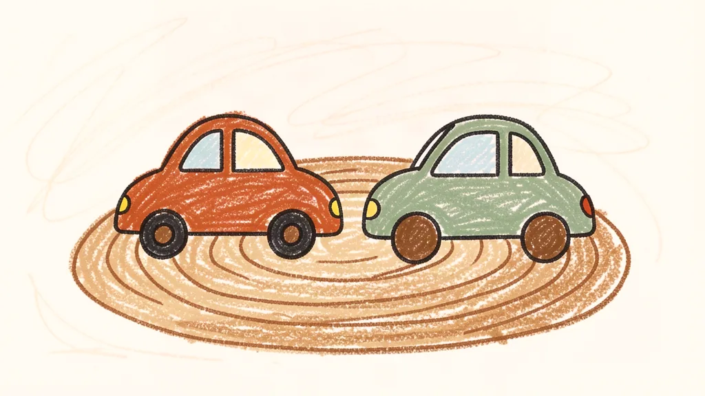 A child's crayon drawing of two small toy cars parked side by side on a rug