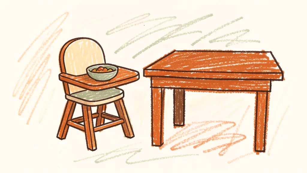 A child's crayon drawing of a wooden high chair with a bowl of food, beside a kitchen table
