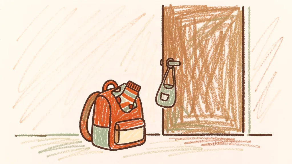 A child's crayon drawing of a small backpack standing by a door, with a sock and a t-shirt peeking out