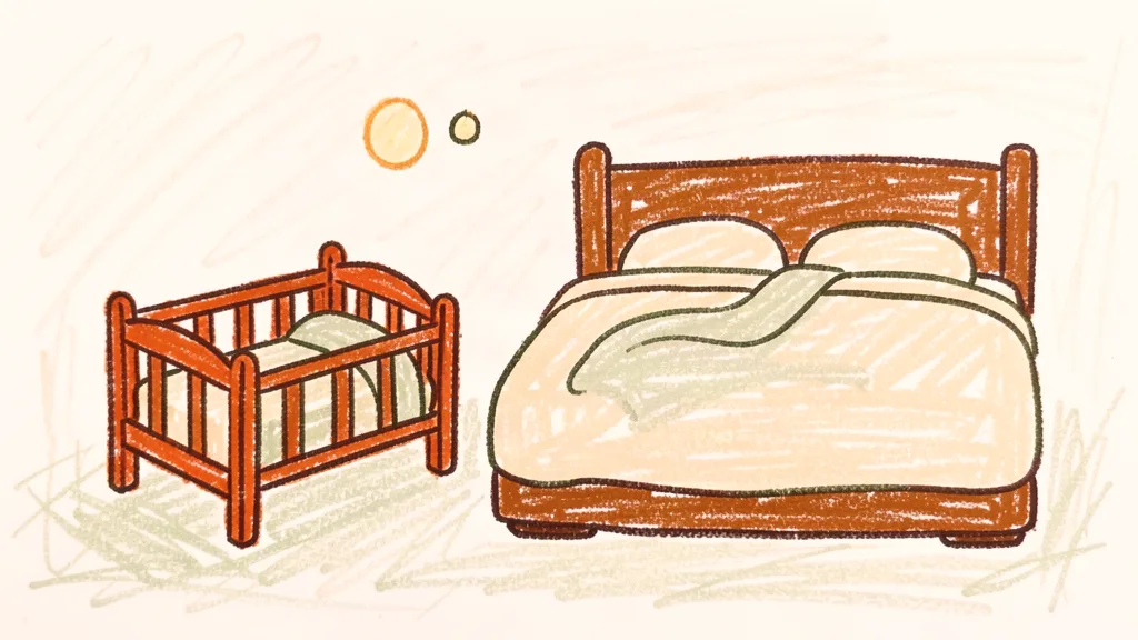 A child's crayon drawing of a small cot beside a big bed, drawn with thick waxy crayons