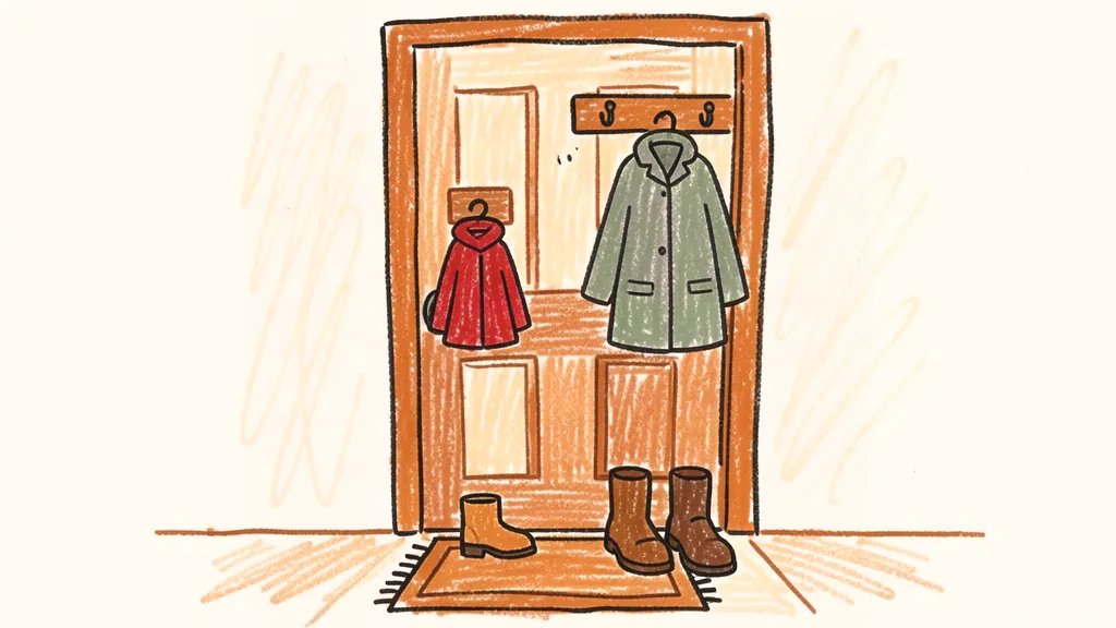 A child's crayon drawing of a hallway front door with a small red coat on a low hook and a grown-up coat on a higher hook