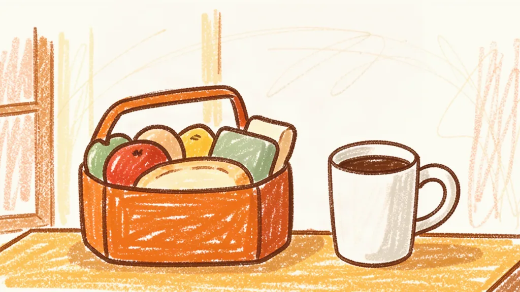 A child's crayon drawing of a packed basket and a coffee mug on a kitchen counter in the morning light