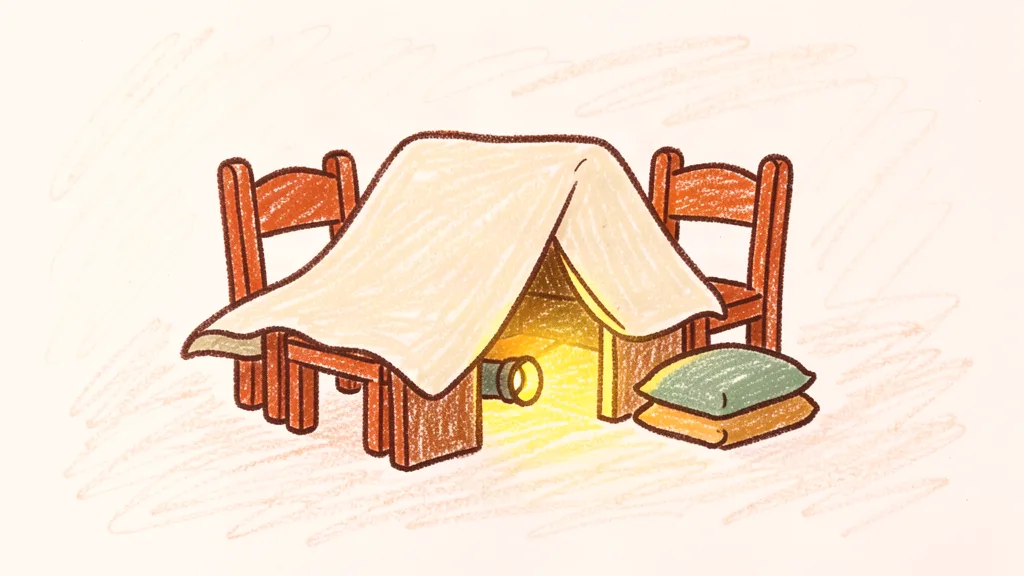 A child's crayon drawing of a simple blanket fort made from two chairs and a draped bedsheet
